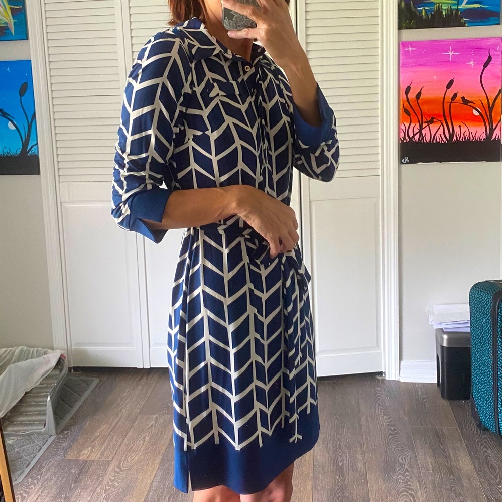 Donna Morgan Blue & White Dress w/Tie Waist